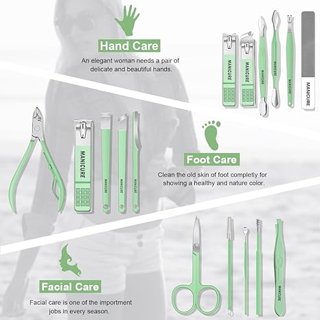 MANICURE & GROOMING PROFESSIONAL 16PCS SET GREEN